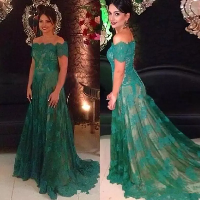 

2021 New Gorgeous Green Lace Off Shoulder Short Sleeves Mother of the Bride Dresses Bateau Neckline Wedding Party Gowns On Sale
