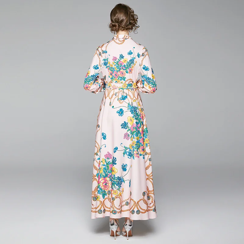 

Banulin Fashion Runway Autumn Dress Long Sleeve Floral Chain Print Sashes Bow Holiday Long Dresses Christmas Dress Women Clothes
