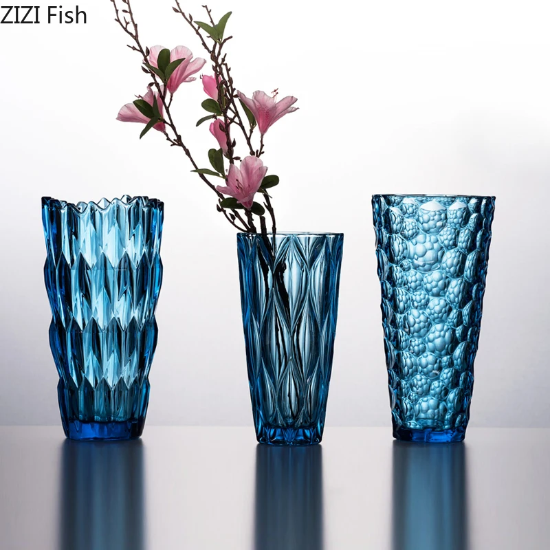 Blue Glass Vase Transparent Vases for Flowers Creative Relief Modeling Hydroponic Floral Artificial Flower Ornaments Desk Decor | Дом и сад