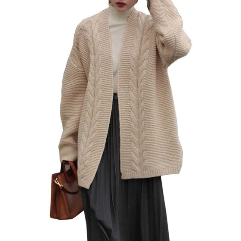 Женский шерстяной длинный кардиган плотный теплый свитер из грубой шерсти