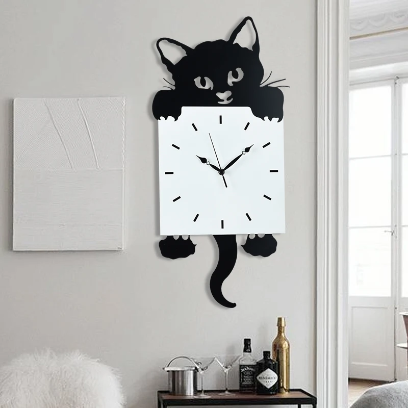 Большие модные настенные часы с изображением кота для гостиной оригинальные