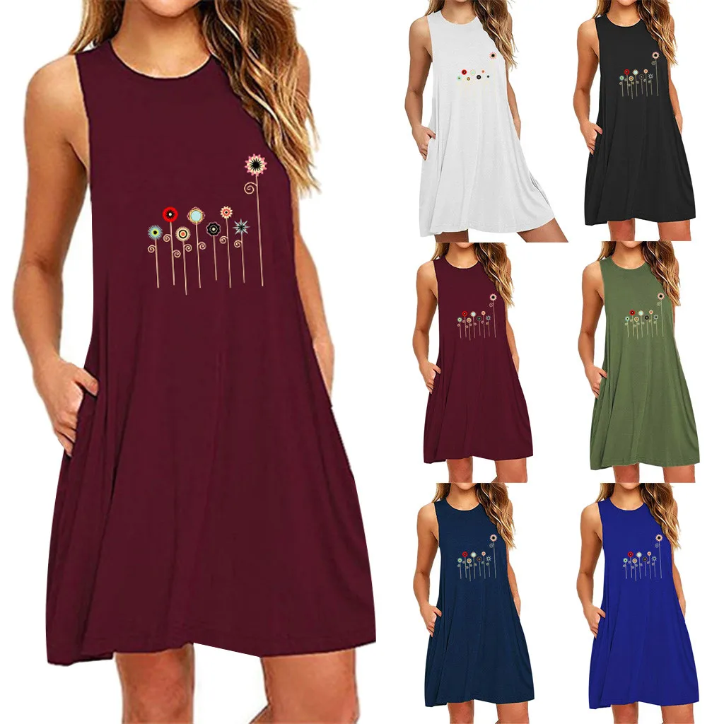 Женское платье без рукавов повседневное мини-платье с круглым вырезом карманами