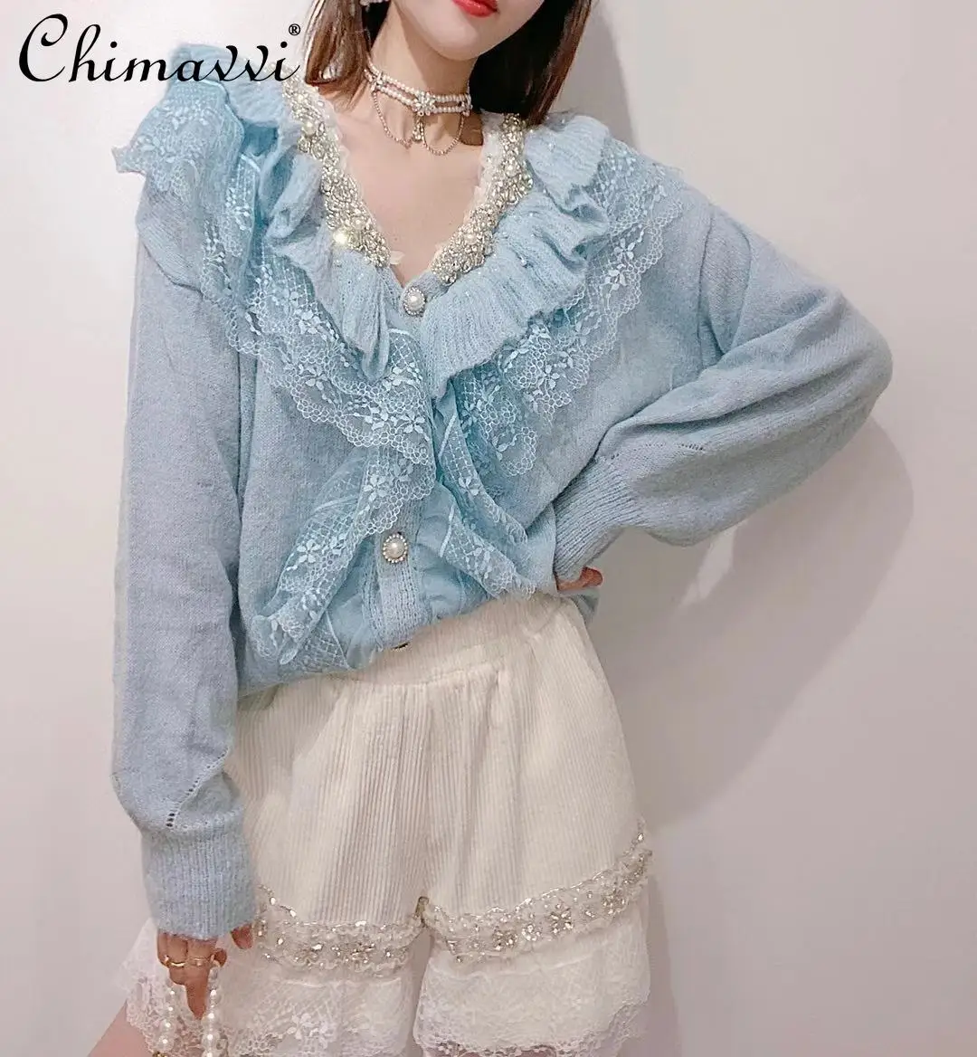 

Women's Sweet Sweater Autumn Clothing Beaded Rhinestone Lace Ruffled Patchwork Knitwear Pearl Buttons Sweater