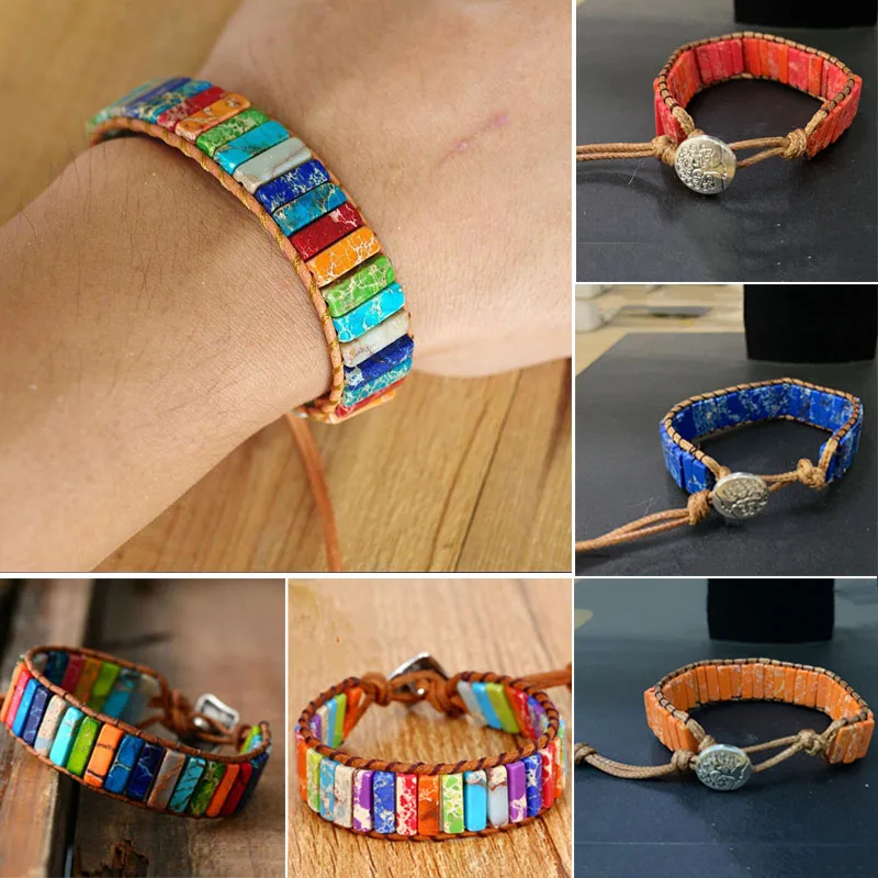 

Natural Gemstone Tube Beads Chakra Turquise Stones Bracelet Bohemian Handmade Woven Wrap Bracelets Men Women Statement Jewelry
