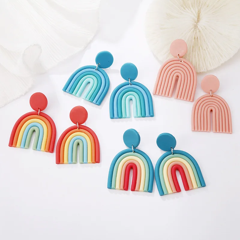 

Trendy Polymer Clay Earrings U Shape Rainbow Color Drop Earrings Handing Handmade Cute Lovers Women Girl Jewerly Party Gift