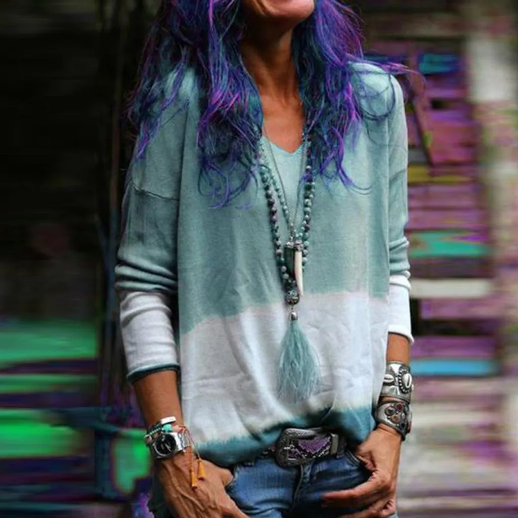 

2020 Tshirt Women V-Neck Cotton Long Sleeve Women T Shirt Fashion Tie Dyeing T-shirt Haut Harajuku Camiseta Mujer Top Camisas