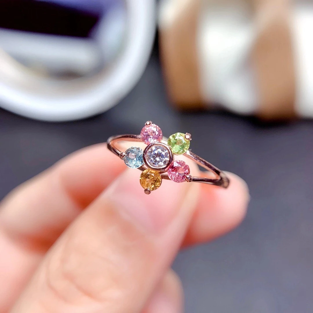 

MeiBaPJ Natural Candy Tourmaline Colorful Flower Ring for Women Real 925 Sterling Silver Charm Fine Wedding Jewelry