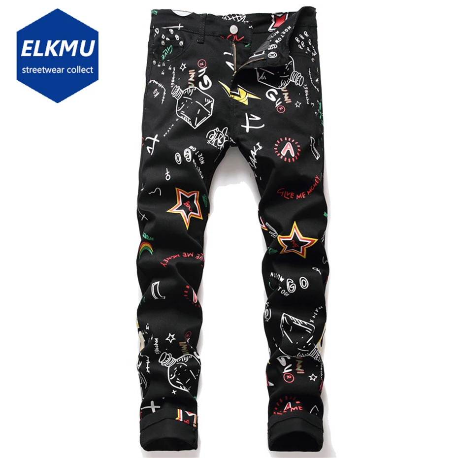 

Джинсы мужские с принтом граффити, брюки из денима в стиле хип-хоп, модная уличная одежда в стиле Харадзюку, цвет черный