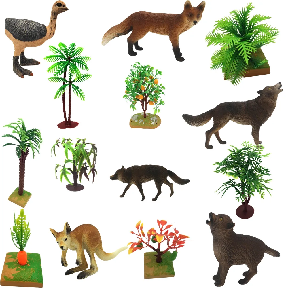 Экшн фигурки диких мини животных игрушки дерево цветок волк олень кенгуру для