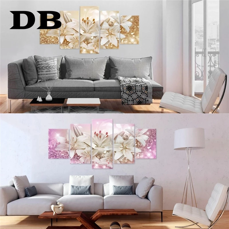 

5 Golden Lilies Modern Posters Home Decoration Bedroom Living Room Background Wall Frameless Printing Canvas Hanging Painting