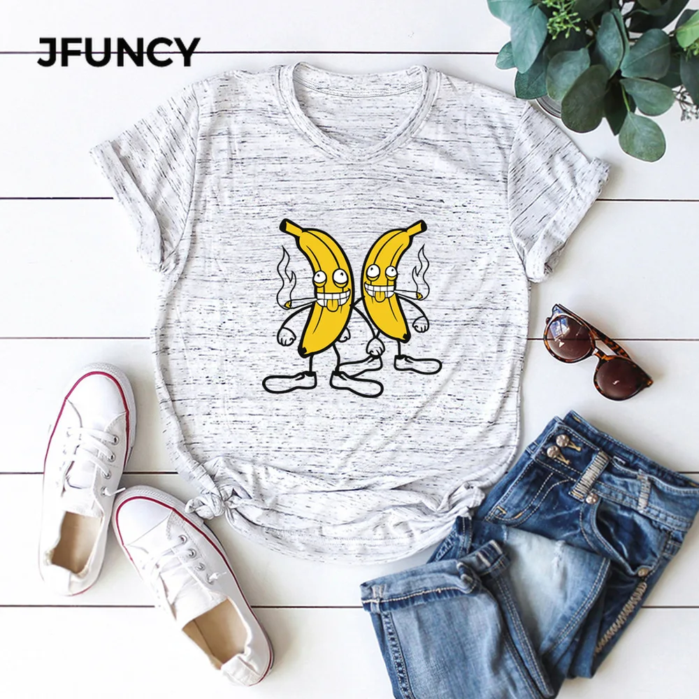 

JFUNCY Women Summer T Shirt Oversize Female T-shirts Short Sleeve Cotton Woman Tshirt Fashion Funny Banana Print Lady Tees Tops