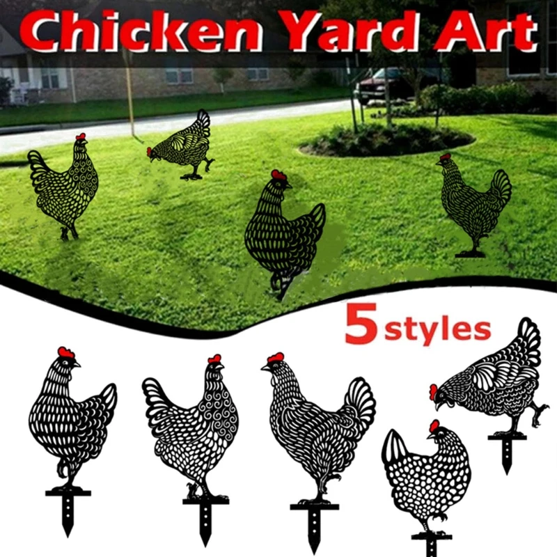 

5pcs Acrylic Hen Silhouette Art Garden Stakes Hollow Animal Rooster Statue for Gardens Yard Lawn Backyard Decoration