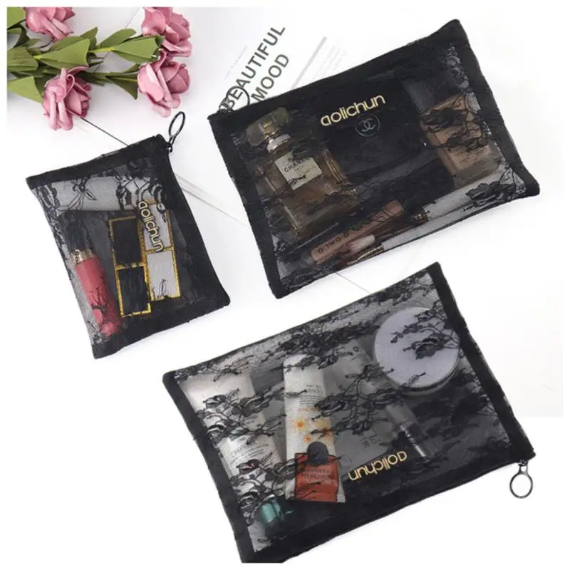 

1Pcs Women Cosmetic Bag Black Mesh With Zipper Travel Casual Make Up Case Organizer Makeup Storage Toiletry Beauty Wash Kit Bags