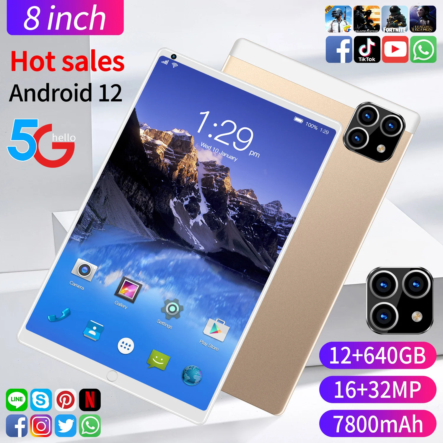 

Brand new 8-inch tablet 12-core mobile phone Slim Tablet PC GPS WiFi FM Bluetooth tablet 12G+640G Android 12 Type-C 7800mAh
