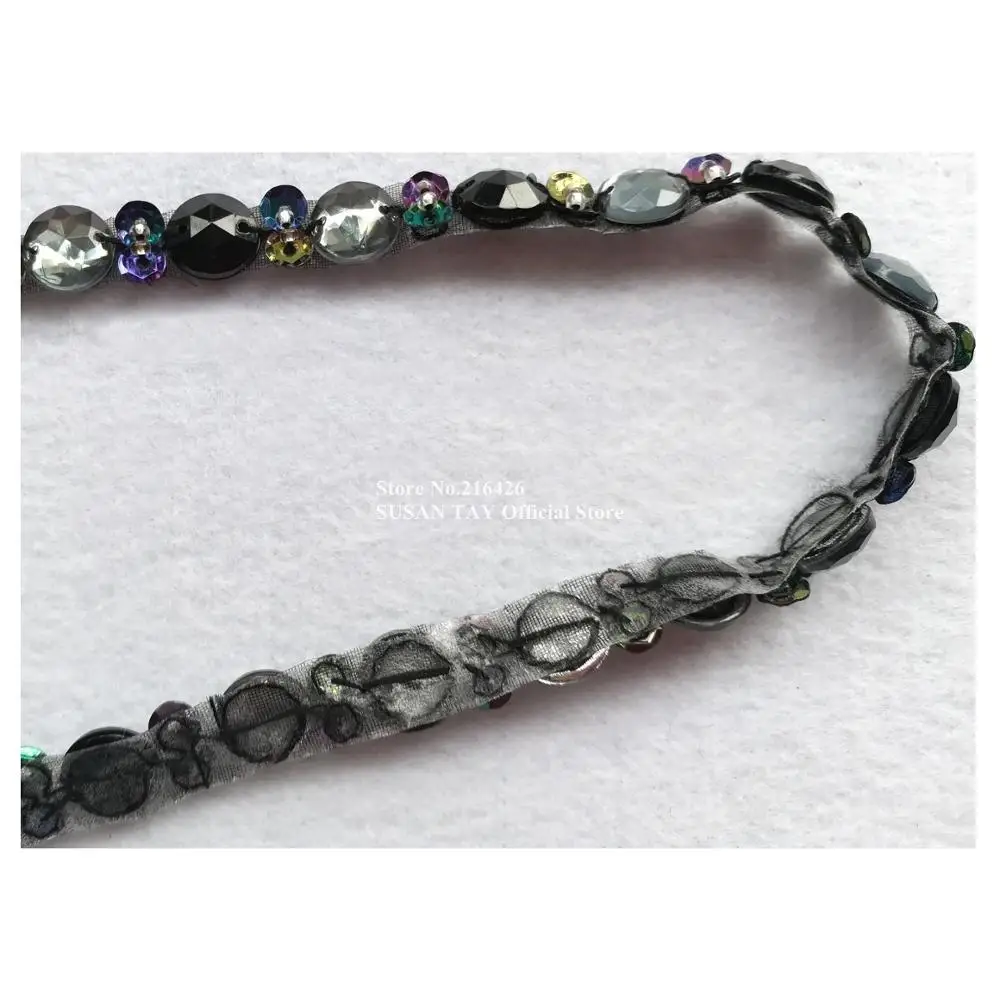 1 ярд х Новинка ручной работы 2 тоновое черное/серое украшенное бисером блестками