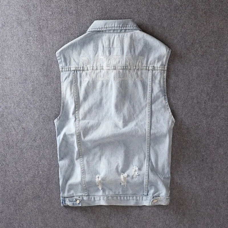 Корейский приталенный светильник синий мужской джинсовый жилет с дырками
