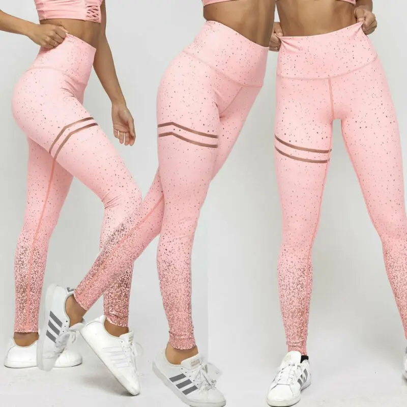 

Women Color Gradual Change Gold Stamping Pants Fitness High Waist Workout Running Pants Seamless Sport Tight Breathable Pants