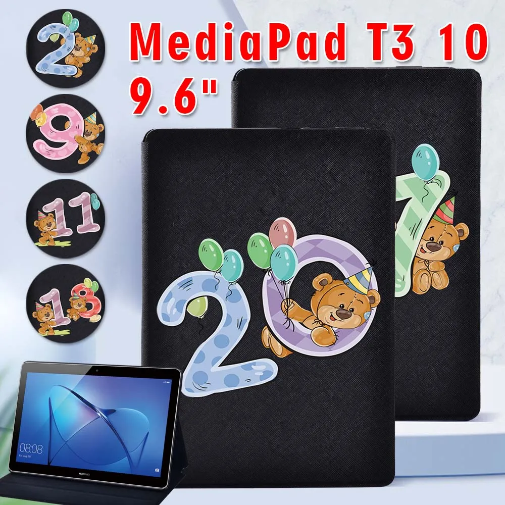 

Initial Digital Pattern Tablet Case for Huawei MediaPad T3 10 9.6" PU Leather Tablet Stand Folding Cover + Free Stylus