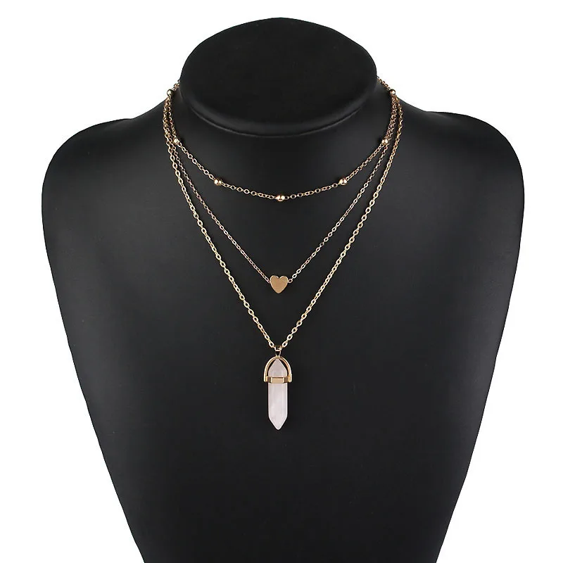Pink Vintage Opal камень Чокеры Цепочки и ожерелья s модная разноцветная Слои хрустальное сердце кулон Цепочки и ожерелья массивные Богемские ювелирные изделия для Для женщин - Окраска металла: Pink