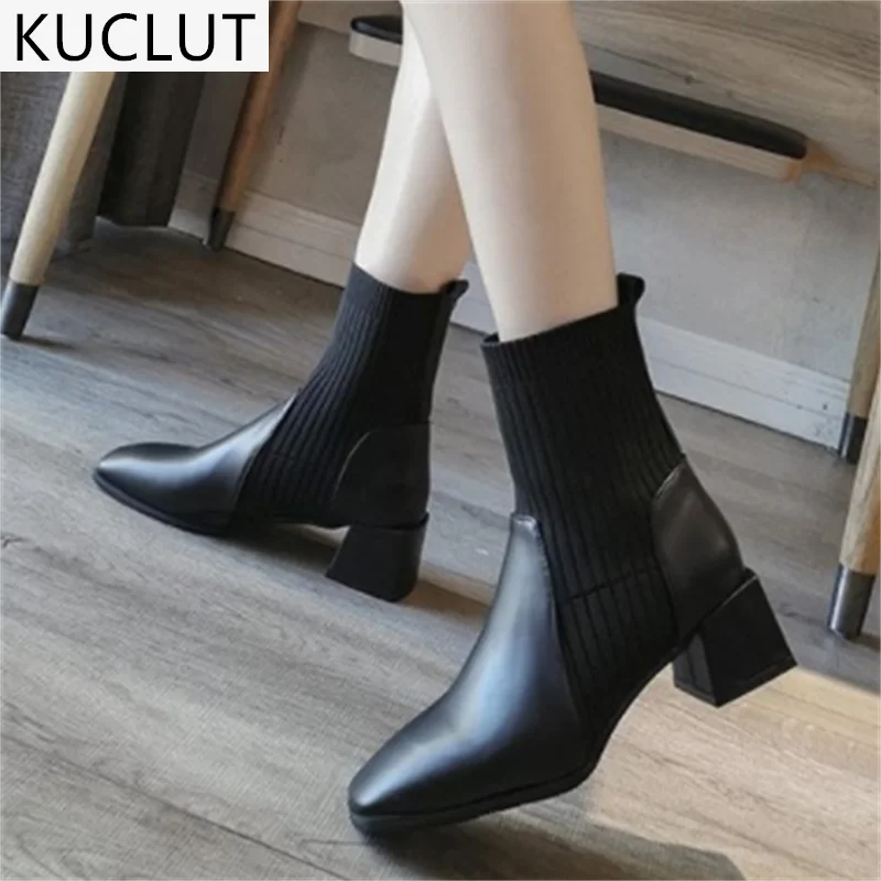 

2021 Autumn Outdoor Comfortable Sexy Set of Feet Women's Ankle Boots Fashion Square Head Mid-heel Women's Knitting Short Boots