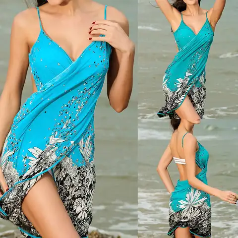 Шифоновое платье с цветочным принтом, летние женские пикантные солнцезащитные пляжные накидки на бретелях-спагетти с открытой спиной, длин...