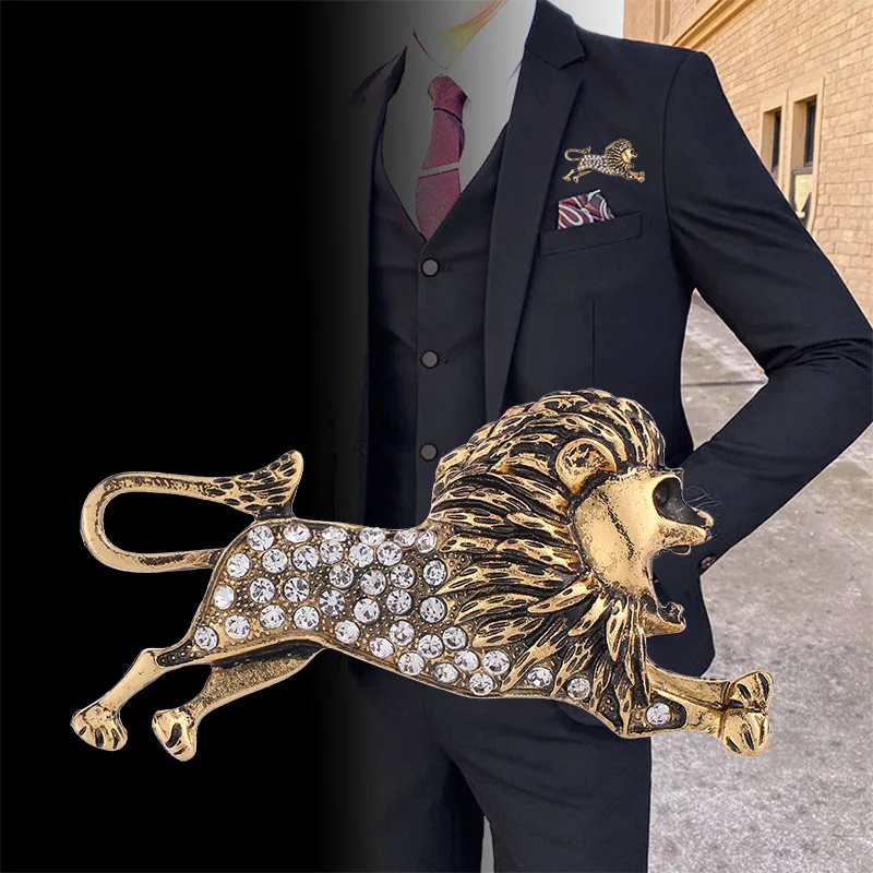 

New Vintage Rhinestone Lion Brooch Lapel Pins Metal Animal Men's Suit Shirt Badge Scarf Buckle Corsage Jewelry Accessories