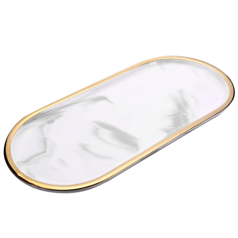 

Nordic Style Gold-Plated Oval Plate Creative Ceramic Plate Marbled Western Dish Snack Plate Cake Storage Tray Jewelry Tray Decor