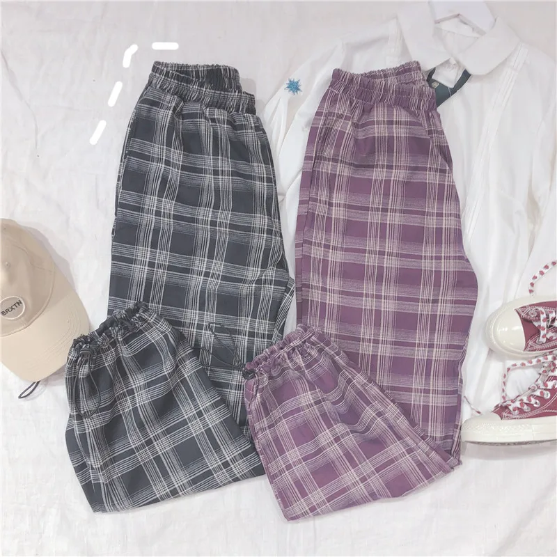 

Spring Autumn Girl Childlike Small Fresh Student All-match High Waist Purple Lattice Wide Leg Trousers Women Pants