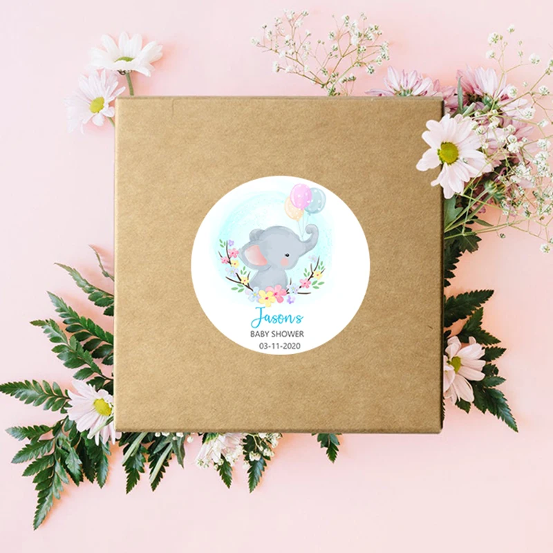 Elephant Personalized Baby Shower Round Stickers Customize Name Date Text Favor | Дом и сад