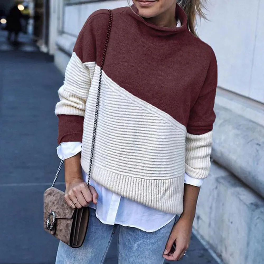 

Srping Autumn Women Turtleneck Sweater Fashion Color Block Patchwork Pullovers Female Casual Knitted Jumpers Pull Femme Hiver