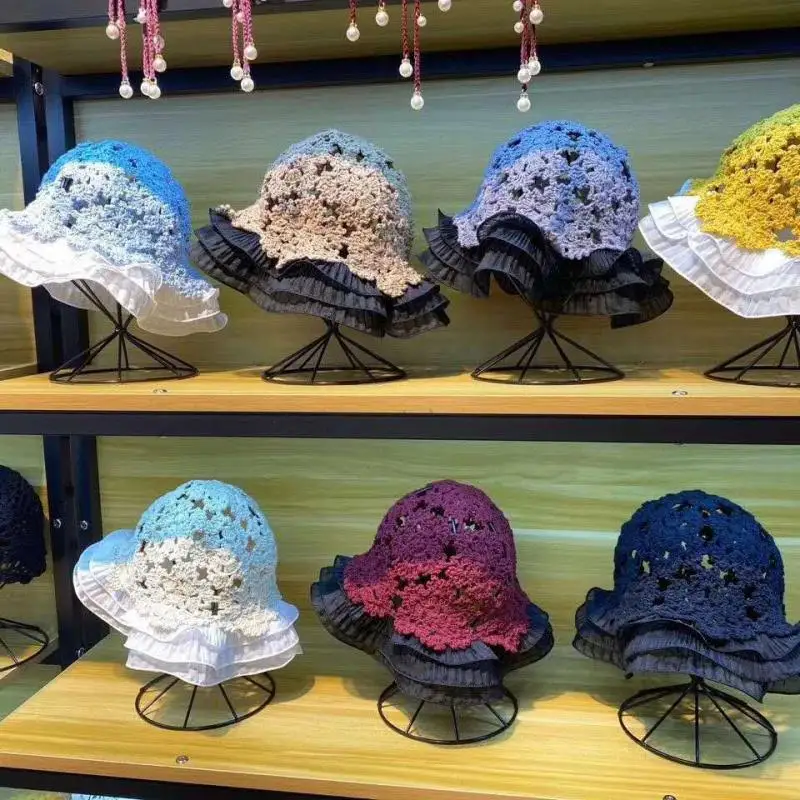

ZHUOY Lace Knitted Hollow Bucket Hat Lace Flower Hollow Crochet Hand Knitted Lace Hat Cute Sweet Fashion Women's Fisherman Hats