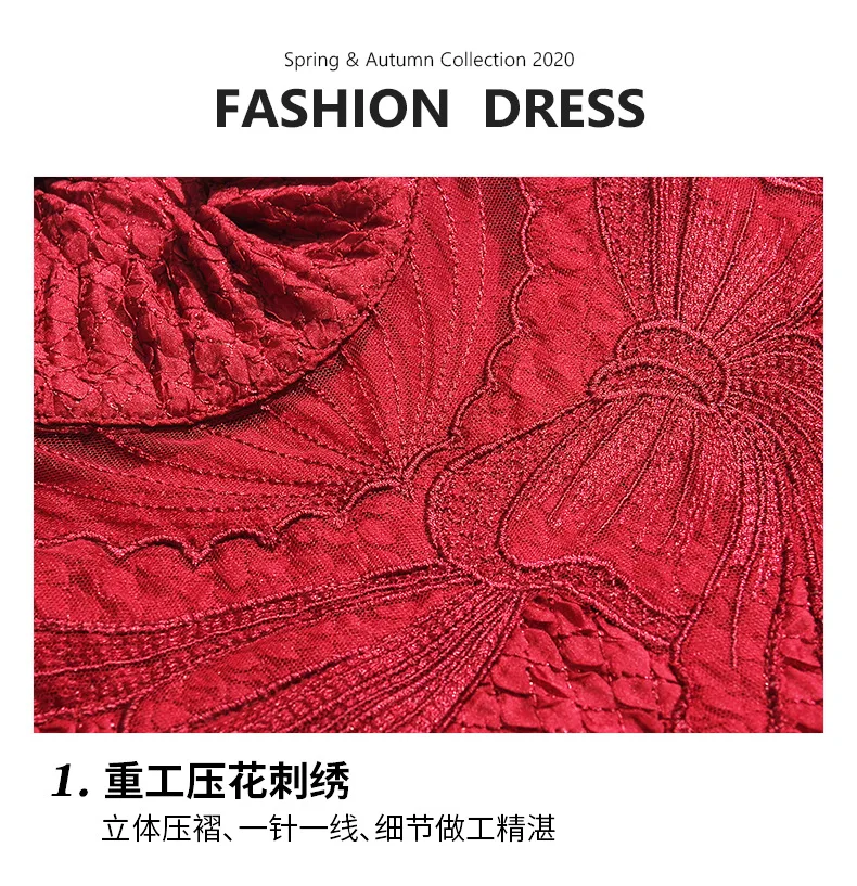 

Dress For Women Plus Size 45-75kg 2021 New Spring Fashion Embroidery Patchwork Long Sleeve Loose High Quality Wine RED Dress