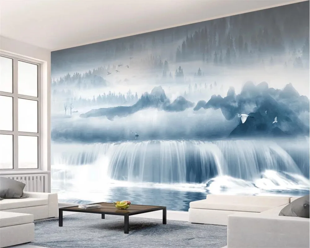 

Custom 3D wallpaper ink landscape forest waterfall flowing water artistic conception background wall bedroom living room mural