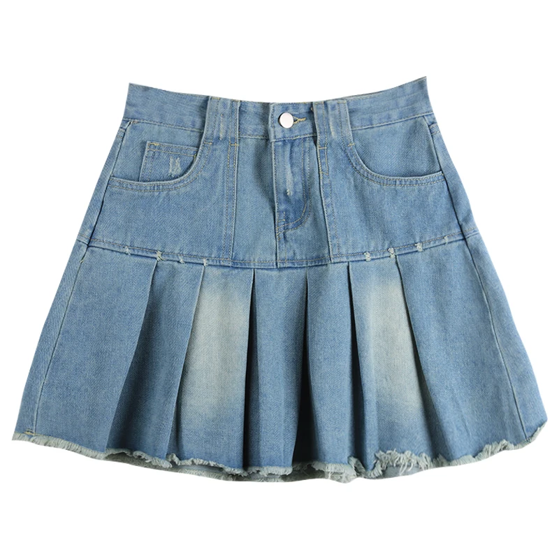 

Hot girl denim skirt women's summer high waist slim A-line short skirt pleated skirt women's dress