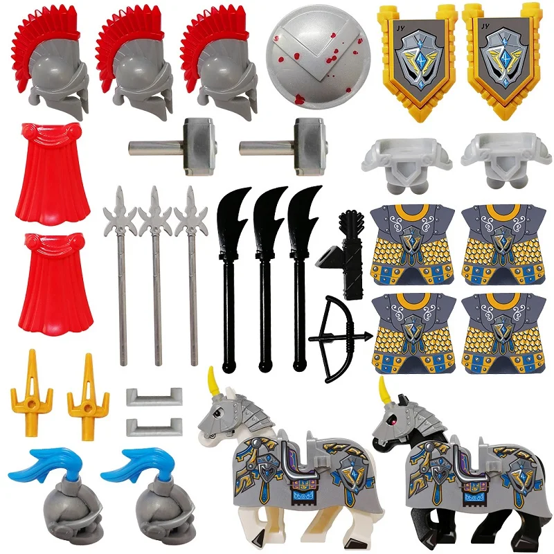 

MOC Helmet Knife Fork Bow Arrow War Horse Armor Hammer Badge Aword Spear Ancient Weapon Accessories Building Blocks Bricks Toys