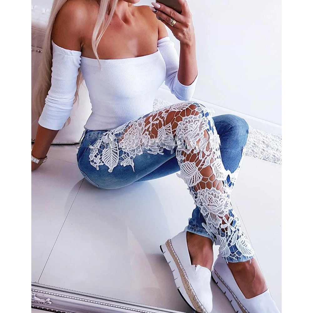 Женские джинсовые брюки карандаш облегающие джинсы составного кроя с кружевами