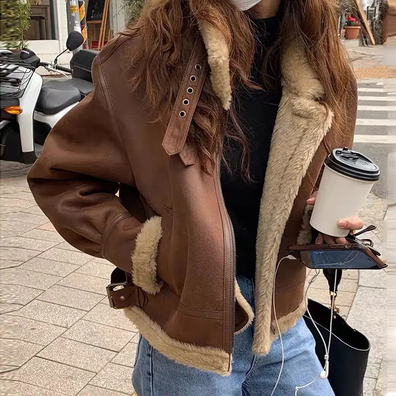 

Lamb Fur Coat Deerskin Brown Jacket Women 2022 New Winter Fur Integrated Motorcycle Suit Women's Loose Street Retro Jacket