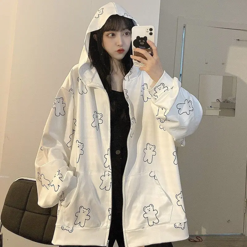 

White Y2k Kawaii Hoodies Women Korean Style Zip Up Hoodie 2021 Fashion Ladies Sweatshirt Long Sleeve Cute Top Harajuku Pullover