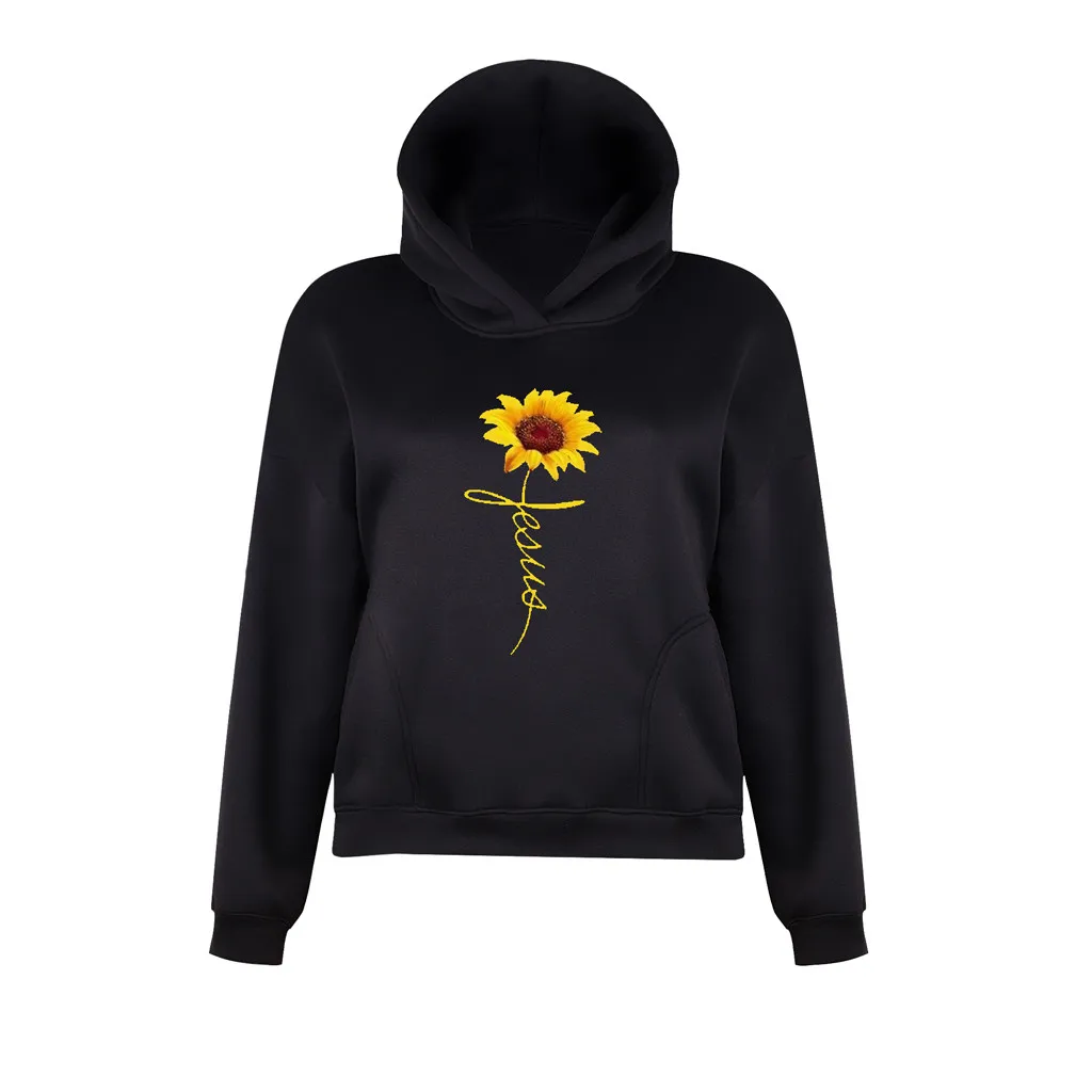 SAGACE женская мода с принтом подсолнуха длинным рукавом капюшоном водолазка