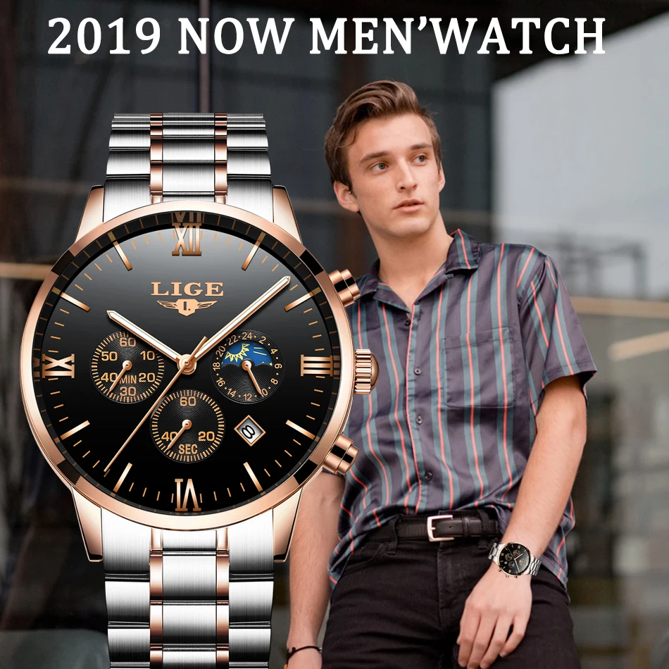 Часы наручные LIGE Мужские кварцевые с хронографом спортивные брендовые Роскошные