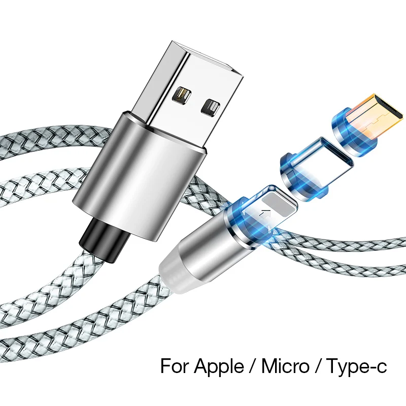 3 Plug 1Silver Cable Магнитный светодиодный кабель MADATA Micro usb type C, магнитный usb-кабель для зарядки iPhone 11X7 8 XS Max XR huawei samsung xiaomi LG - Цвет: 3 Plug 1Silver Cable