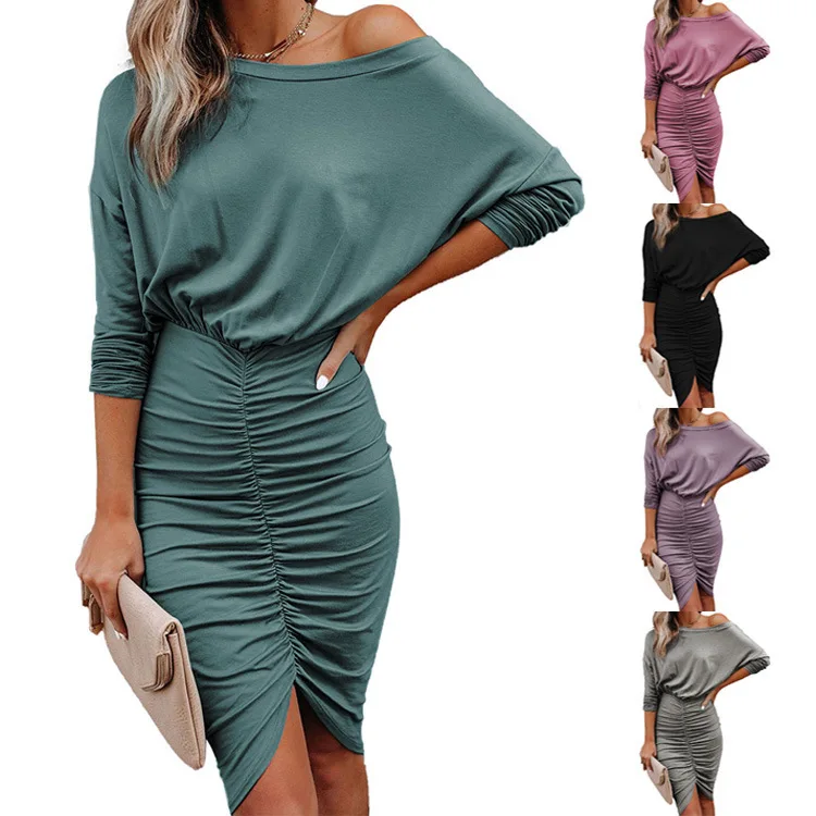 

2021 autumn and winter new women's long-sleeved mid-skirt solid color sexy oblique shoulder slim-fit pleated hip dress