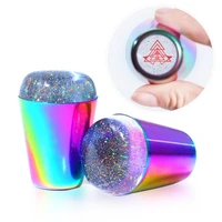 1 pcs rainbow handle nail stamper shining holographic head clear silicone stamper for nail art stamping plate nail art tool