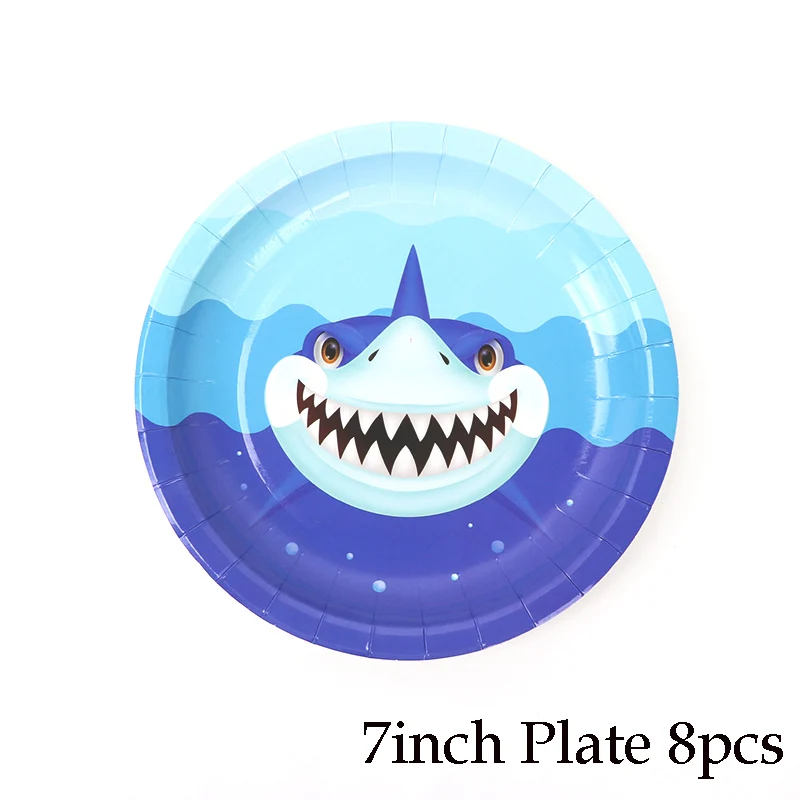 7inch plate 8pcs Вечерние одноразовые столовые приборы с рисунком акулы из мультфильма, бумажная тарелка, салфетка для чашек, детский душ, детские принадлежности для дня рождения, Декор - Цвет: 7inch plate 8pcs