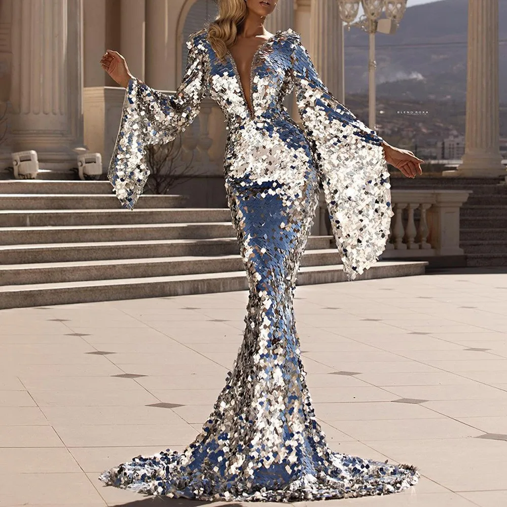 

Mirror Sequins Trailing Foucus Of Party Shinning Star Mermaid Silver Evening Dresses Gowns Talent Show Stage Trumpet Sleeves