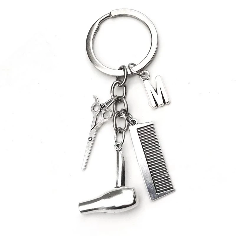 

2020 Hair Stylist Essential Hair Dryer Scissors Comb Decorative Keychains Hairdressers Gift Key Rings Hair Dryer Letter Keyring