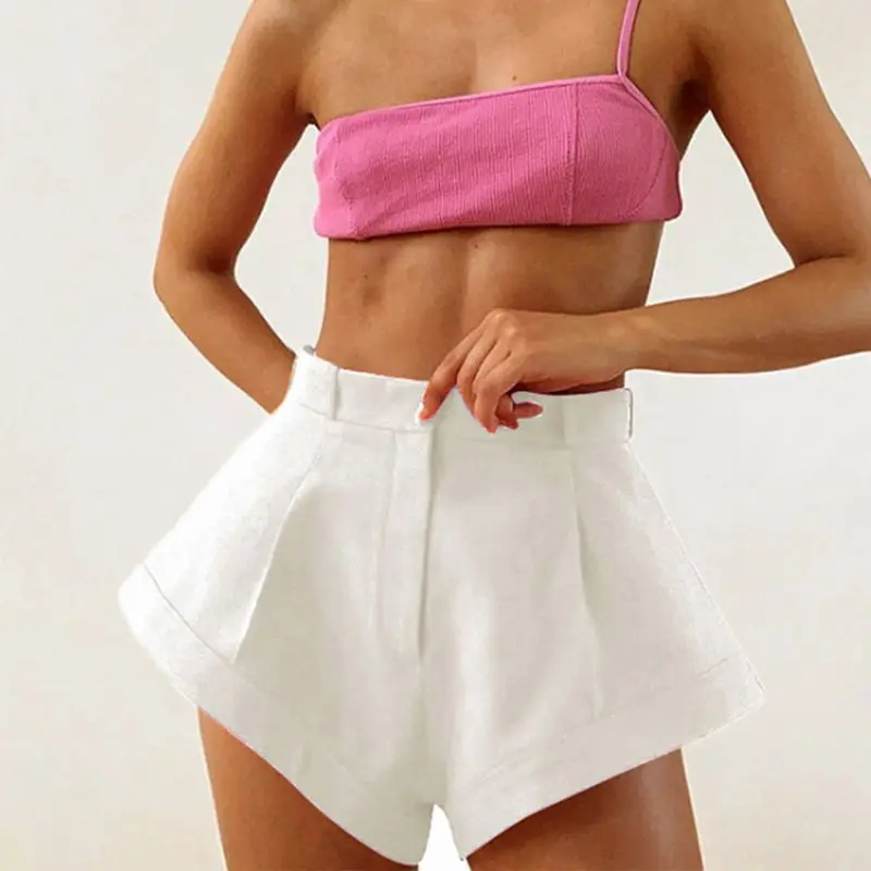 

Women High Waist Wide Leg Shorts Casual Solid Color Loose Zipper Hot Short Pants D08E