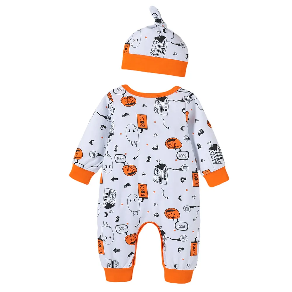 

Baby Boy Halloween Ghost Pumpkin Printed Romper with Hat Cap 0-24M Newborn Infant Festival Holiday Casual Cotton Jumpsuit Outfit