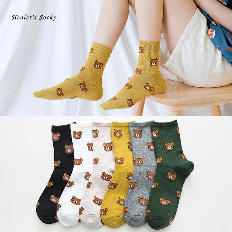

Funny kawaii art women socks cotton color Bear crimping fashion Harajuku city Japanese College style happy cute high tube socks