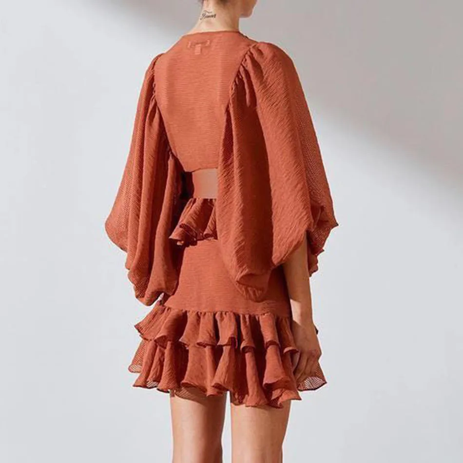 

2021 New Women'S Retro Patchwork O-Neck Lantern Sleeve High Waist Button Design Belt Ruffled Mini Dress Bodycon Club Party Dress